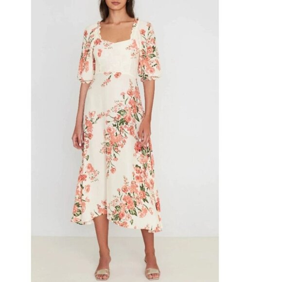 Faithfull The Brand Midi Dress Cream Pink Floral Short Puff Sleeve ALine Bronte - Picture 11 of 13